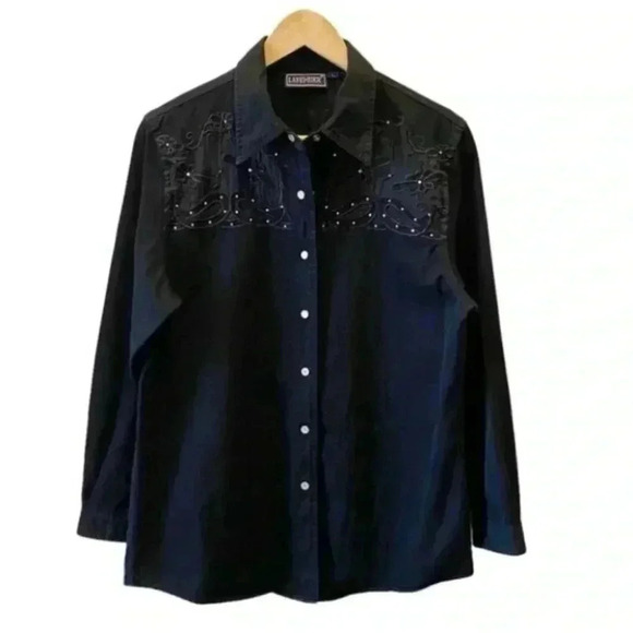Lafei Nier Tops - Lafei Nier Western Shirt Beaded Embroidered Button Up Long Sleeve Black Large